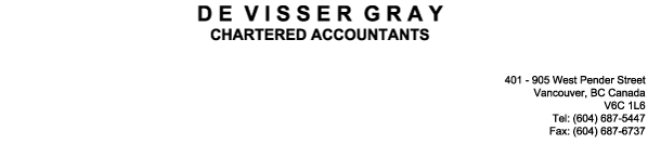 (DE VISSER GRAY LETTERHEAD)